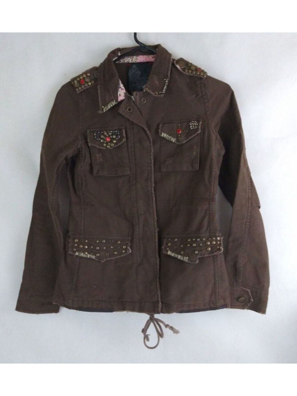 Miss Me Studded Jeweled Frayed Stitched Embroidered Brown Denim Jacket Small